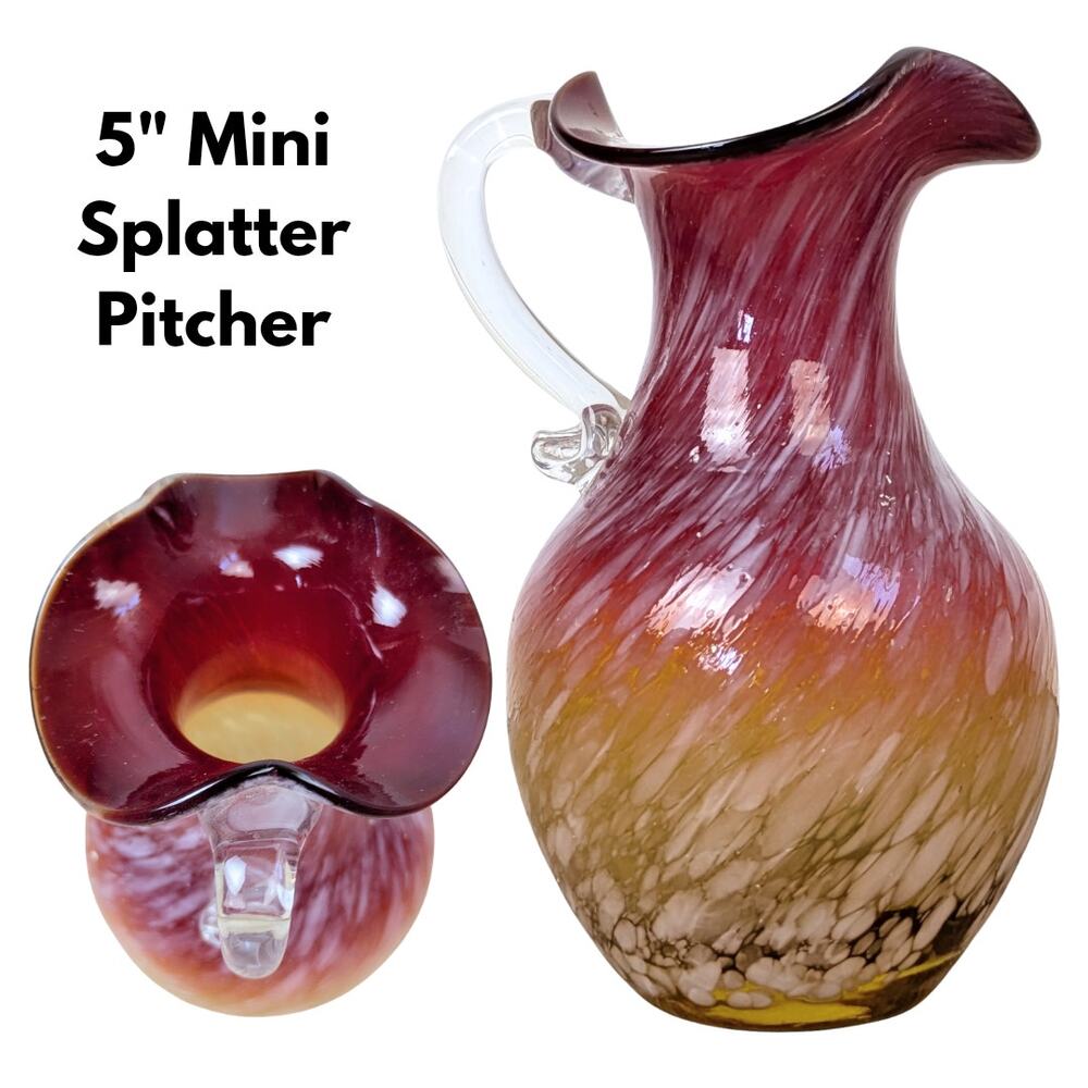 Murano Style Art Glass Pitcher Creamer 5" Cranberry Amber Spatter Hand Blown